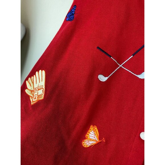 Karen Scott Red Golf Button Up Cardigan Medium Novelty Embroidered Long sleeve - Picture 8 of 16